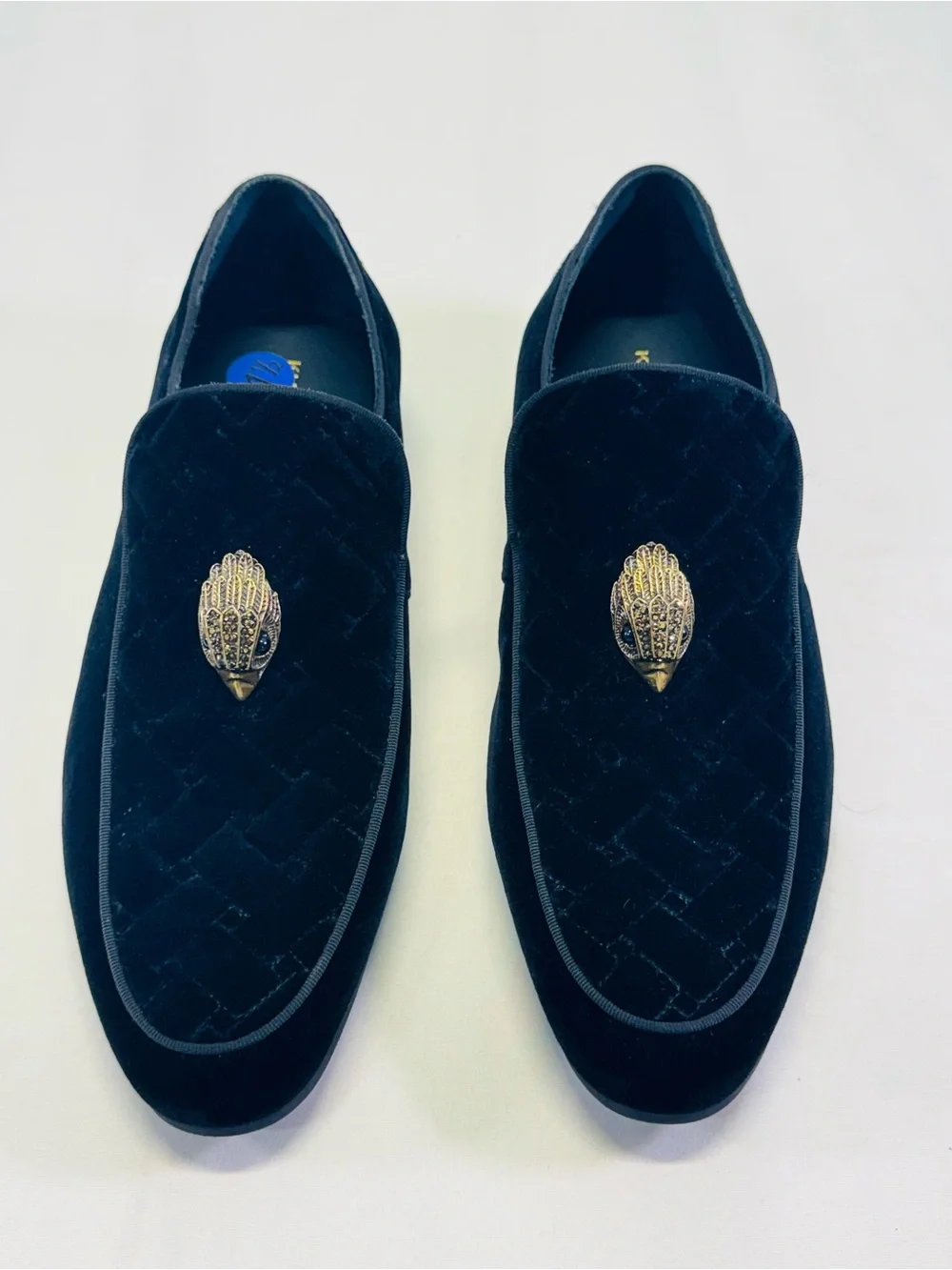 Kurt Geiger Black Velvet Slip-On Loafers with Gold Bird Emblem